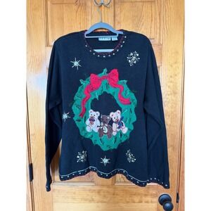 B.P. Design Vintage Christmas Sweater Teddy Bear Wreath Black XXL 3228365M